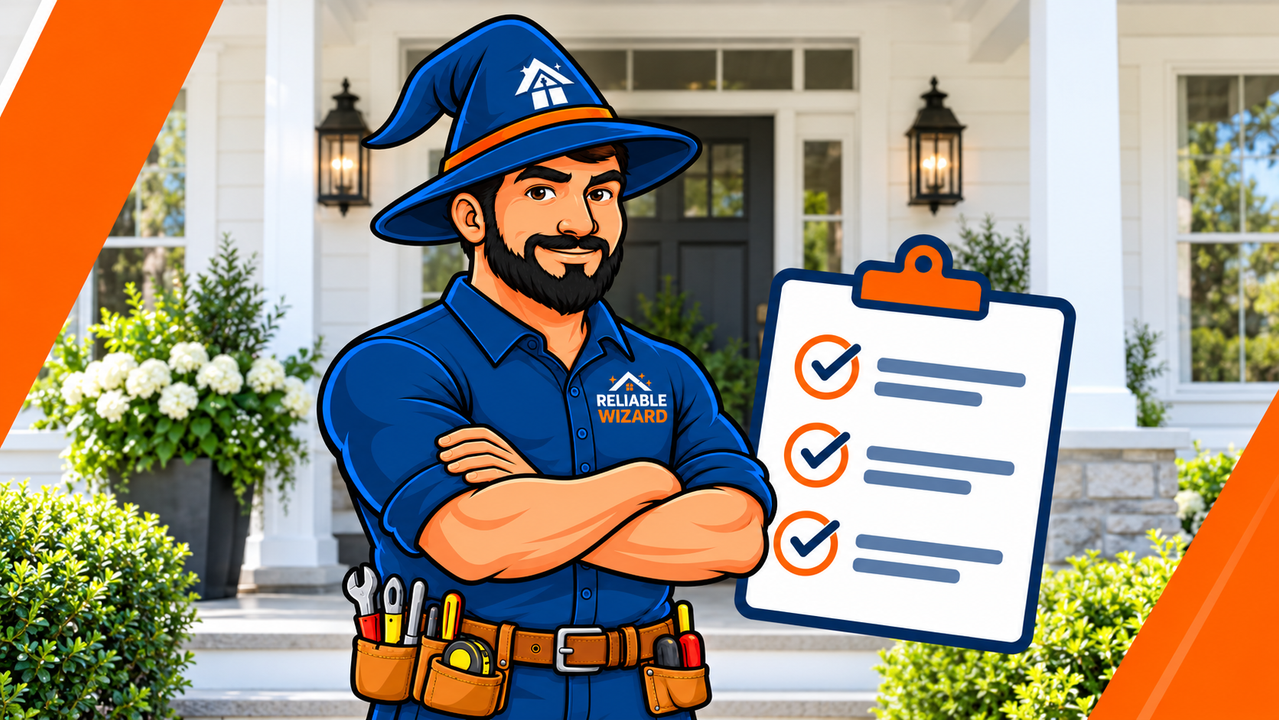 Reliable Wizard mascot with a home-service checklist.