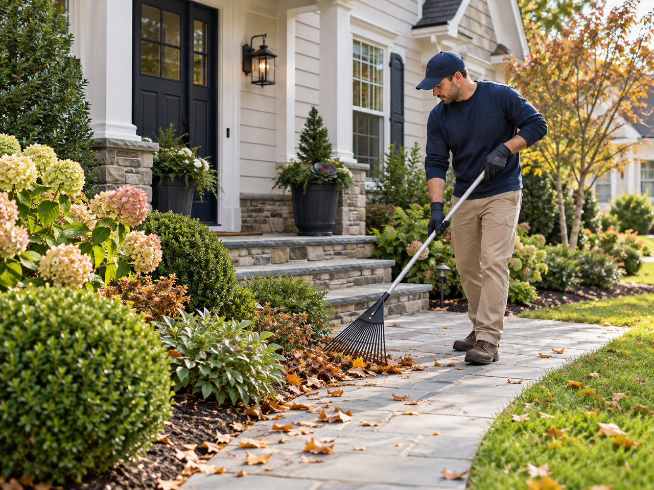 Worker in a cap and gloves raking fallen autumn leaves along a stone walkway outside a home