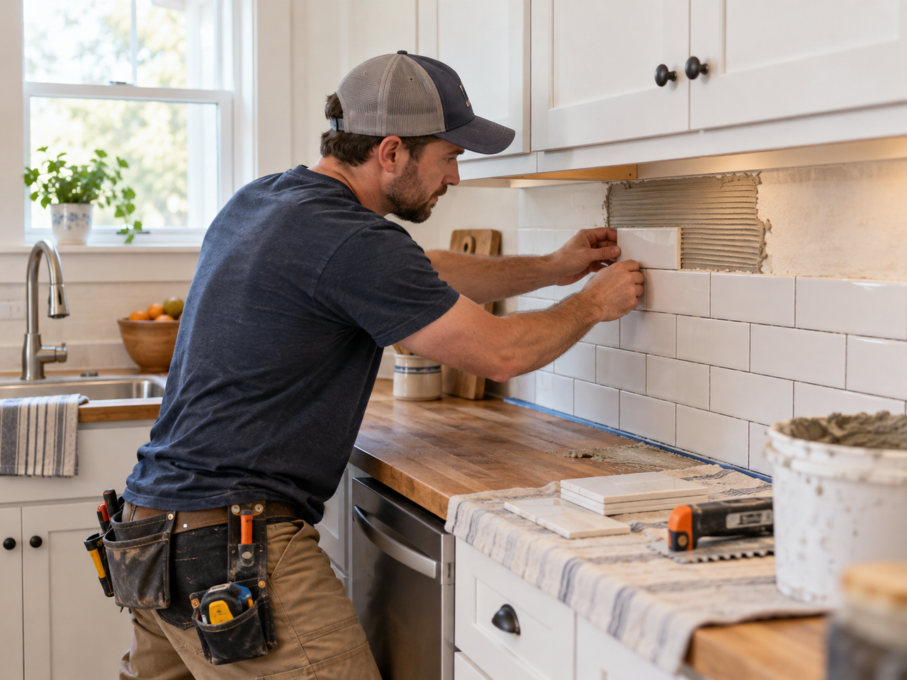 Tradesman installing white subway tiles onto a kitchen backsplash above a wooden countertop
