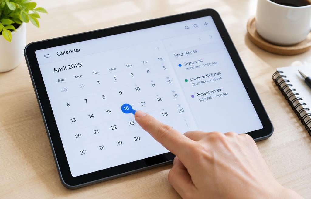 Finger selecting a date on a tablet calendar