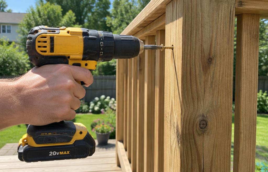 Drill fastening a screw into a deck railing